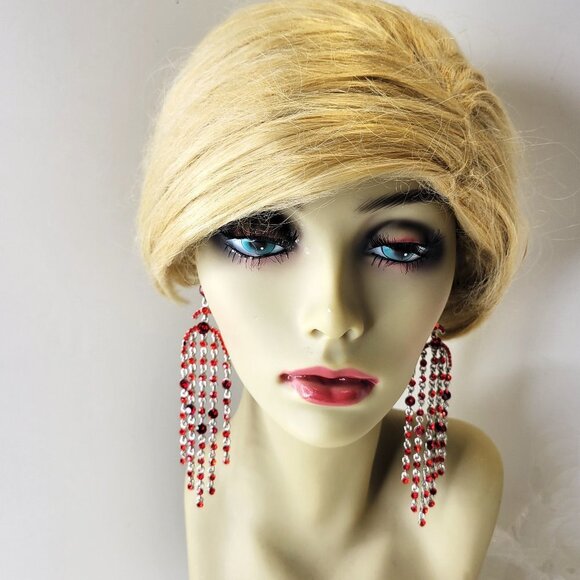 Red Crystal & Silver Dangle Chandelier Earring - Picture 1 of 12